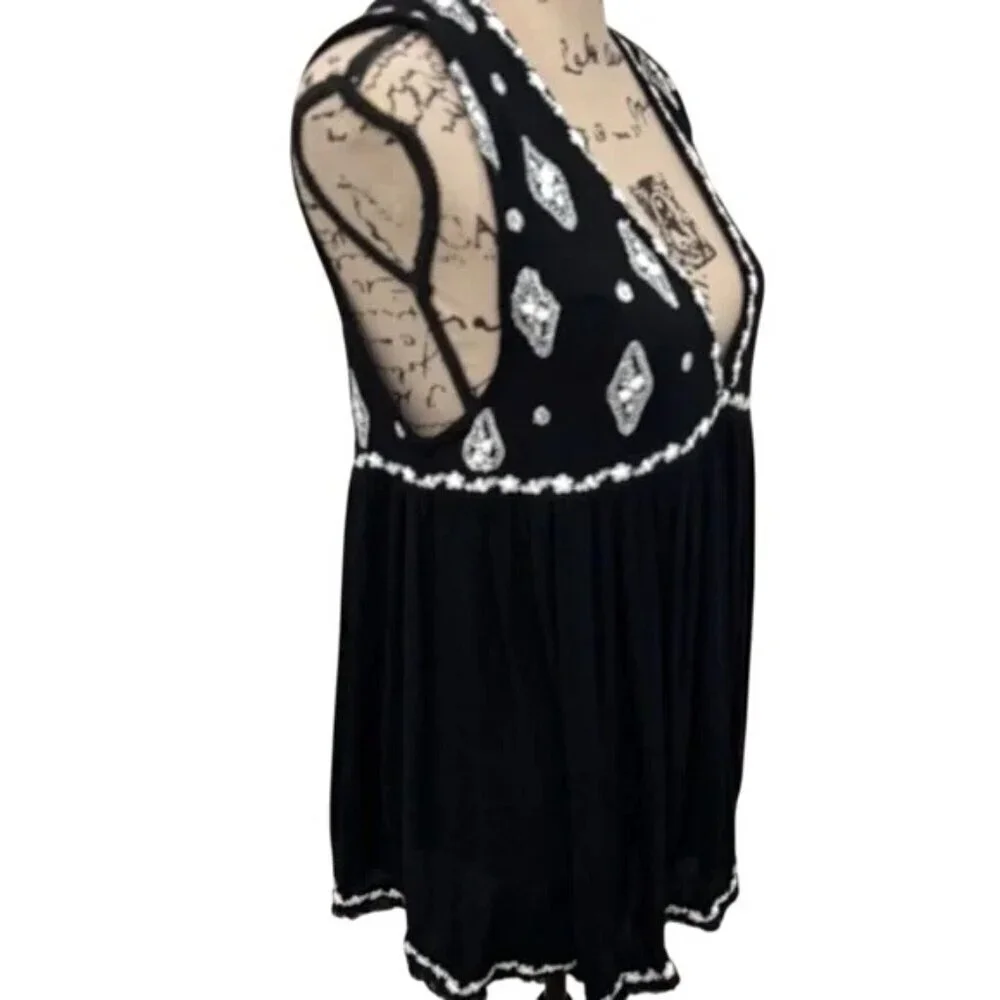Free People Black Diamond Embroidered Tunic Top